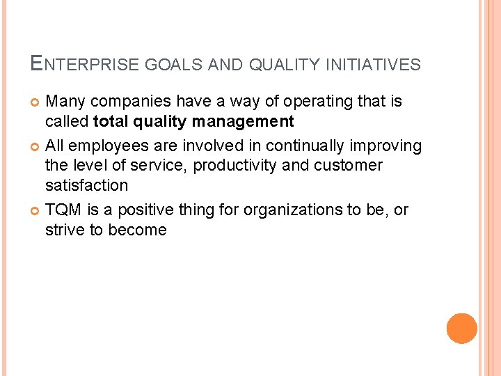 ENTERPRISE GOALS AND QUALITY INITIATIVES Many companies have a way of operating that is