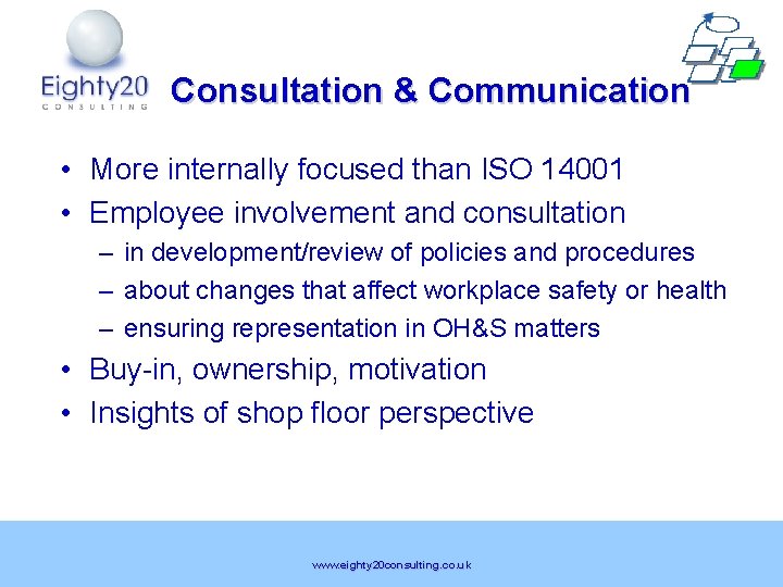 Consultation & Communication • More internally focused than ISO 14001 • Employee involvement and