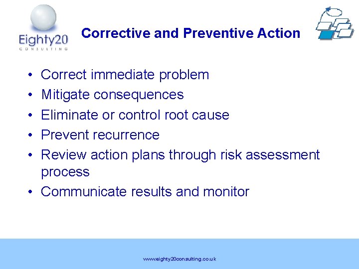 Corrective and Preventive Action • • • Correct immediate problem Mitigate consequences Eliminate or