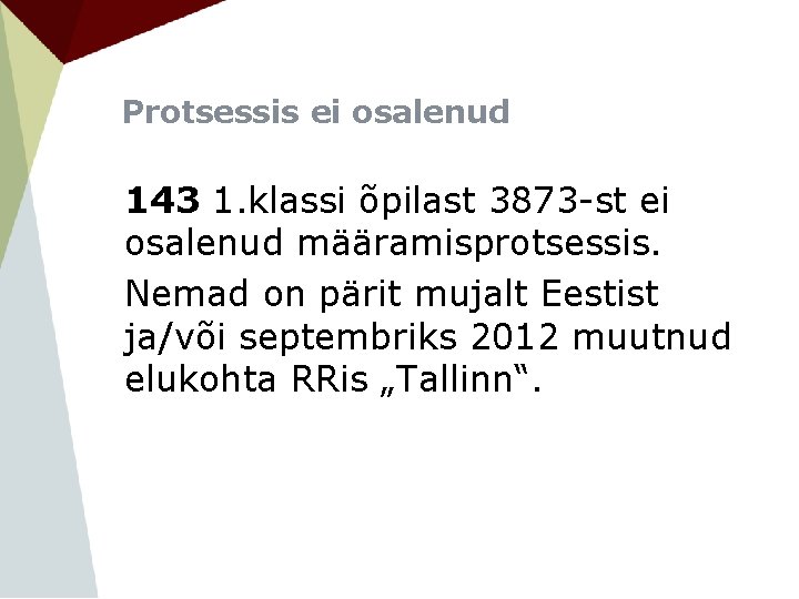 Protsessis ei osalenud 143 1. klassi õpilast 3873 -st ei osalenud määramisprotsessis. Nemad on