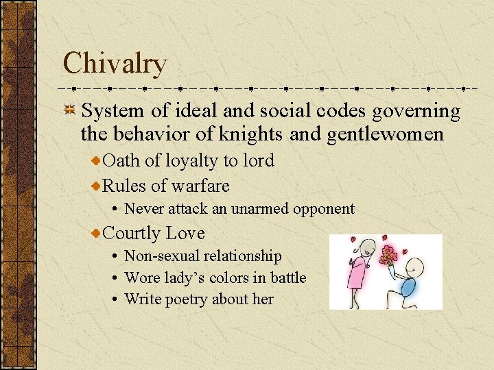 Chivalry System of ideal and social codes governing the behavior of knights and gentlewomen