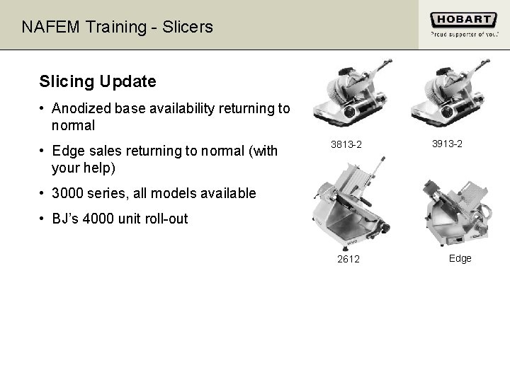 NAFEM Training - Slicers Slicing Update • Anodized base availability returning to normal •