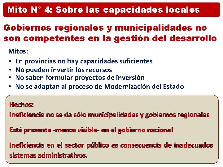 Mito N° 4: Sobre las capacidades locales Gobiernos regionales y municipalidades no son competentes