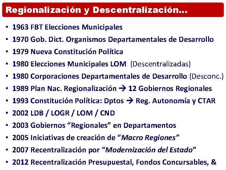 Regionalización y Descentralización… • • • 1963 FBT Elecciones Municipales 1970 Gob. Dict. Organismos