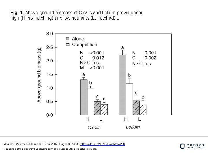 Fig. 1. Above-ground biomass of Oxalis and Lolium grown under high (H, no hatching)