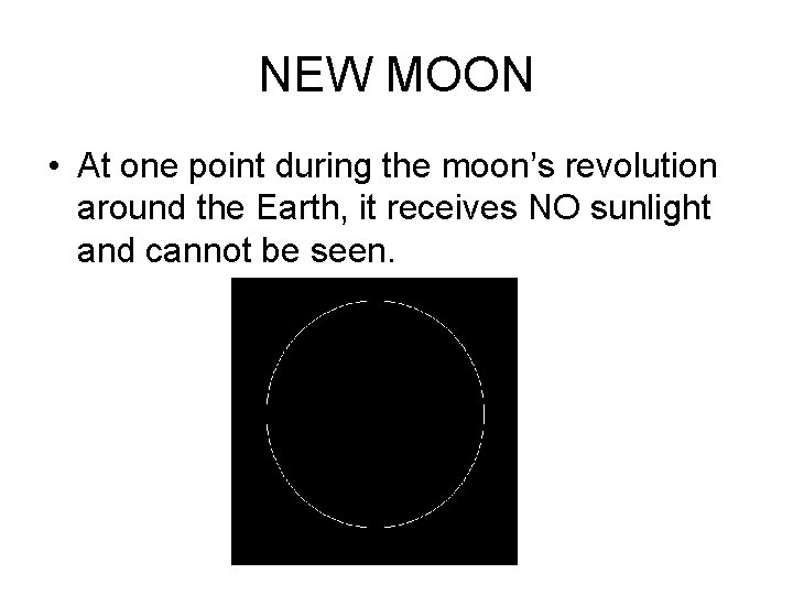 NEW MOON • At one point during the moon’s revolution around the Earth, it