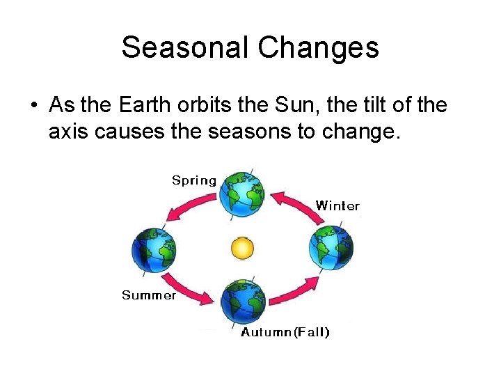 Seasonal Changes • As the Earth orbits the Sun, the tilt of the axis