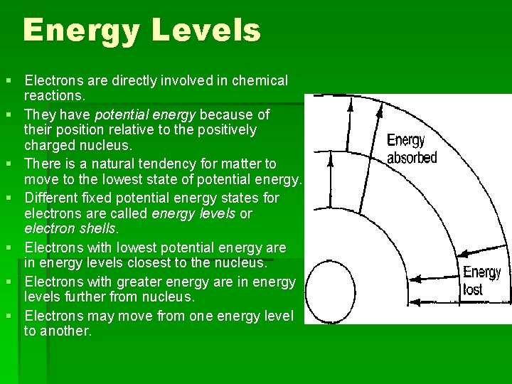 Energy Levels § Electrons are directly involved in chemical reactions. § They have potential