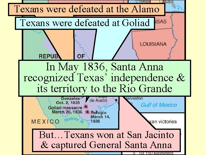 Texans were defeated at the Alamo Texans were defeated at Goliad In May 1836,