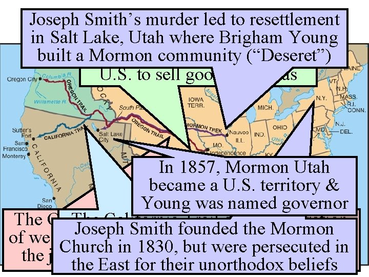 Joseph Smith’s murder. Trails led to resettlement Western in Salt Lake, Utah where Brigham