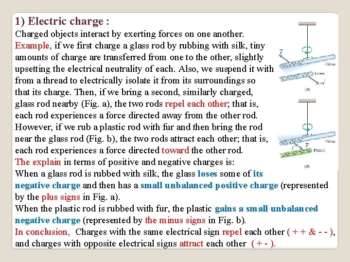 1) Electric charge : Charged objects interact by exerting forces on one another. Example,