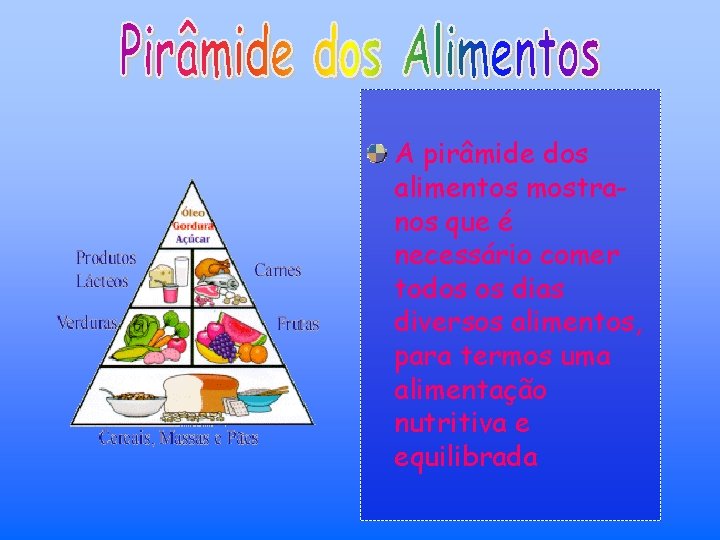 A pirâmide dos alimentos mostranos que é necessário comer todos os dias diversos alimentos,