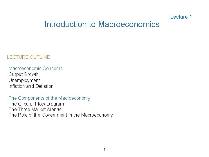 Introduction to Macroeconomics LECTURE OUTLINE Macroeconomic Concerns Output Growth Unemployment Inflation and Deflation The