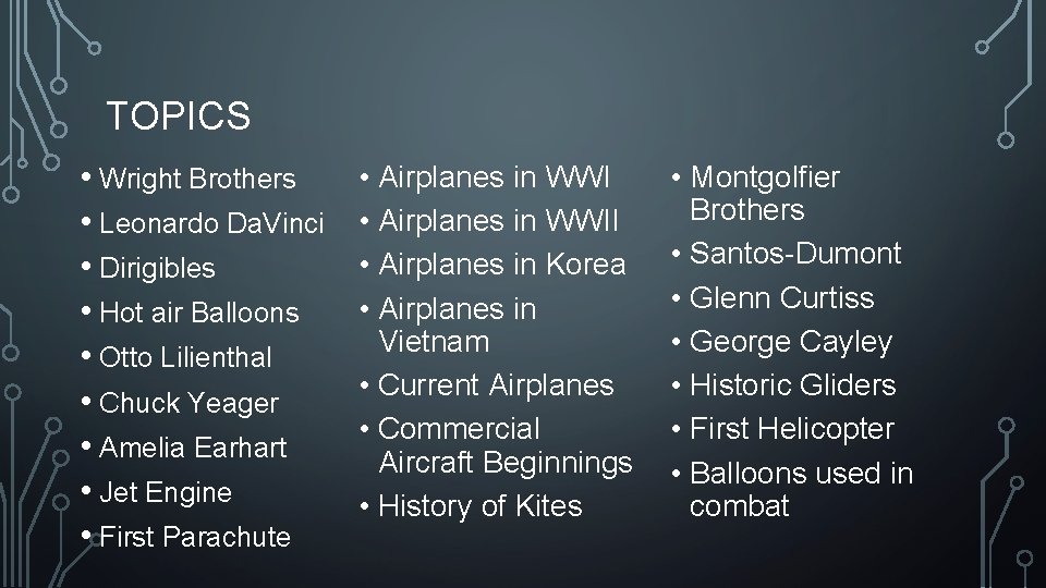 TOPICS • Wright Brothers • Leonardo Da. Vinci • Dirigibles • Hot air Balloons