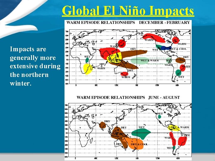 Global El Niño Impacts are generally more extensive during the northern winter. Global El Niño Impacts are generally more extensive during the northern winter.