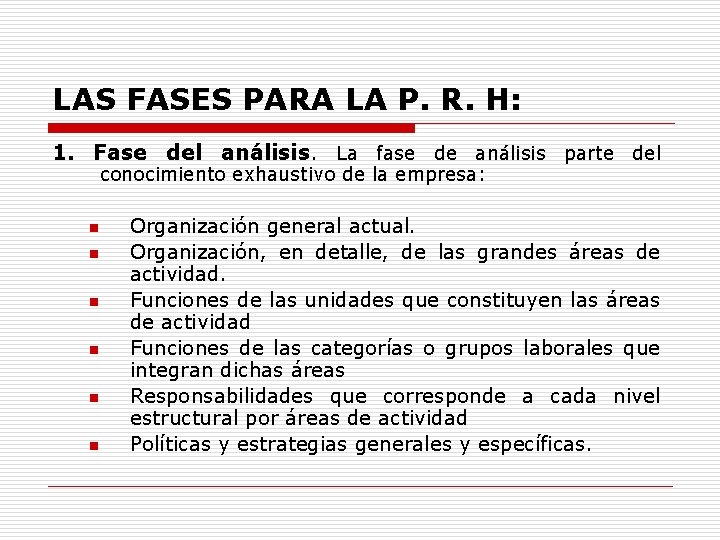 LAS FASES PARA LA P. R. H: 1. Fase del análisis. La fase de