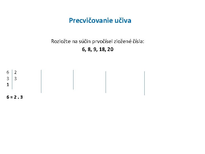 Precvičovanie učiva Rozložte na súčin prvočísel zložené čísla: 6, 8, 9, 18, 20 6