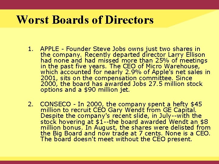 Worst Boards of Directors 1. APPLE - Founder Steve Jobs owns just two shares