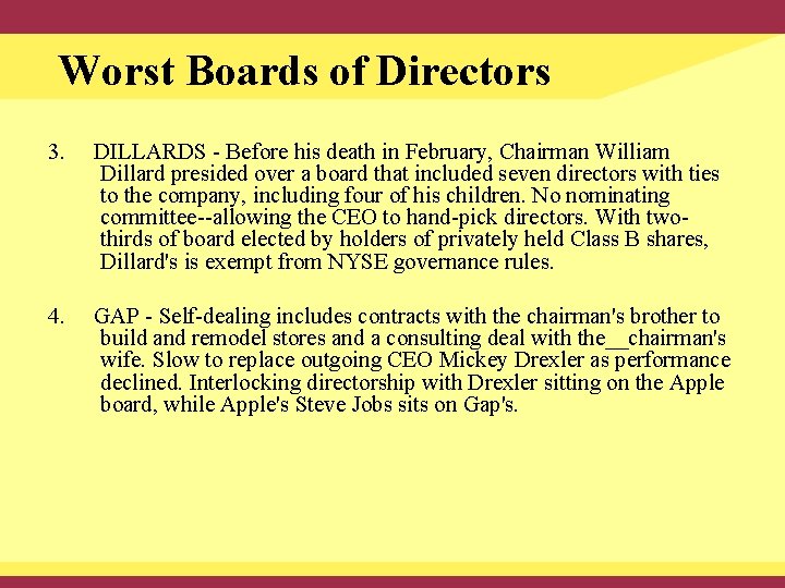 Worst Boards of Directors 3. DILLARDS - Before his death in February, Chairman William