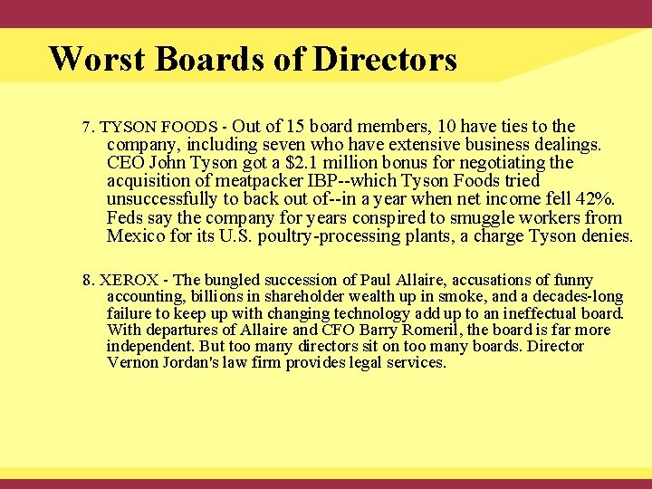 Worst Boards of Directors 7. TYSON FOODS - Out of 15 board members, 10
