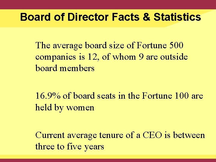 Board of Director Facts & Statistics The average board size of Fortune 500 companies