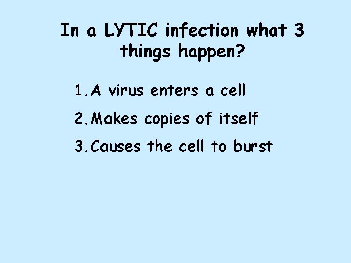In a LYTIC infection what 3 things happen? 1. A virus enters a cell