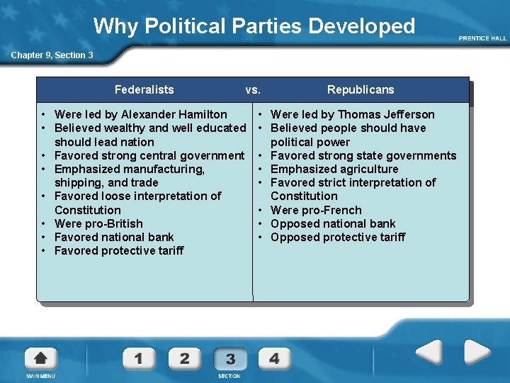 Why Political Parties Developed Chapter 9, Section 3 Federalists vs. • Were led by