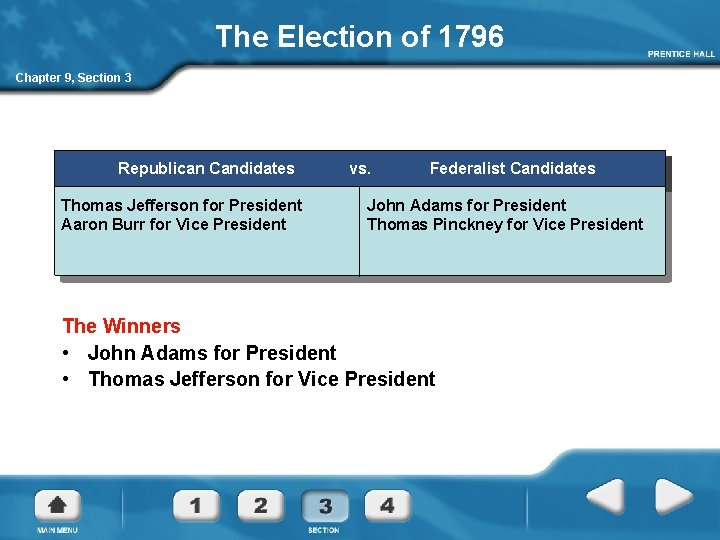 The Election of 1796 Chapter 9, Section 3 Republican Candidates Thomas Jefferson for President