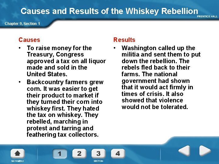 Causes and Results of the Whiskey Rebellion Chapter 9, Section 1 Causes • To