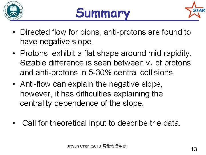 Summary • Directed flow for pions, anti-protons are found to have negative slope. •