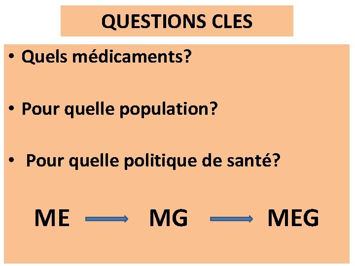 QUESTIONS CLES • Quels médicaments? • Pour quelle population? • Pour quelle politique de