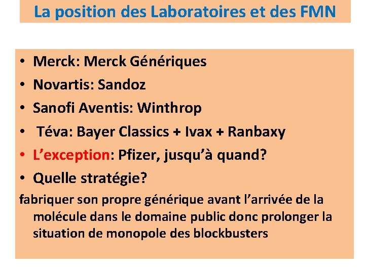 La position des Laboratoires et des FMN • • • Merck: Merck Génériques Novartis: