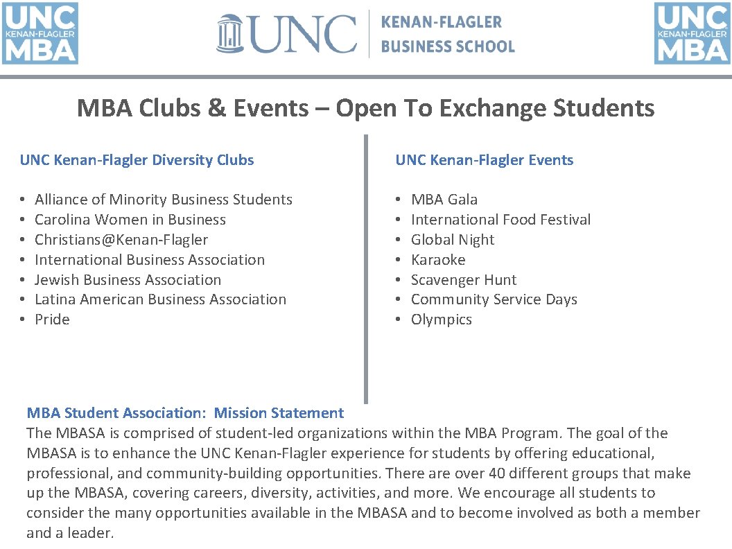 MBA Clubs & Events – Open To Exchange Students UNC Kenan-Flagler Diversity Clubs •