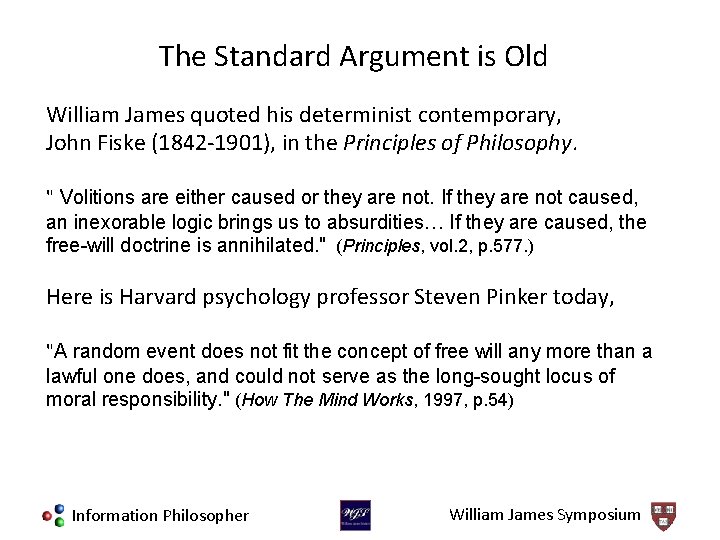 The Standard Argument is Old William James quoted his determinist contemporary, John Fiske (1842
