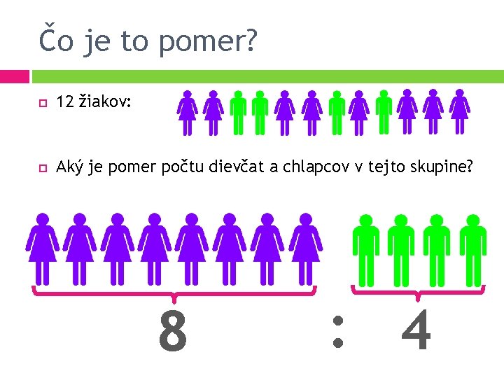 Čo je to pomer? 12 žiakov: Aký je pomer počtu dievčat a chlapcov v