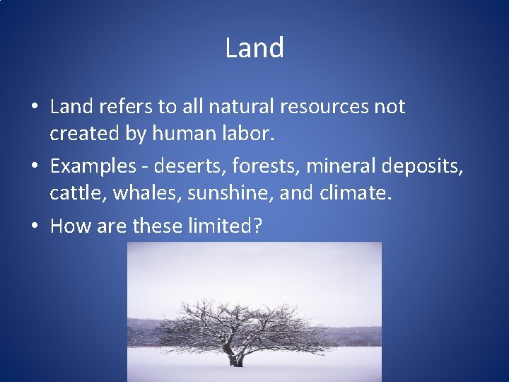 Land • Land refers to all natural resources not created by human labor. • Land • Land refers to all natural resources not created by human labor. •