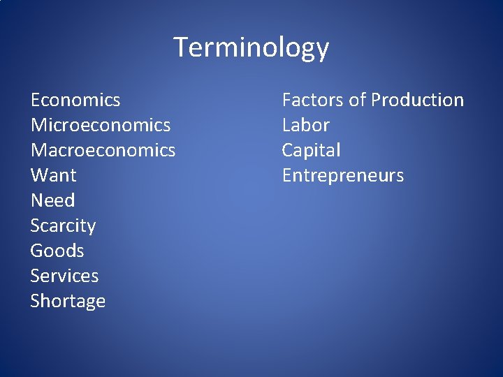 Terminology Economics Microeconomics Macroeconomics Want Need Scarcity Goods Services Shortage Factors of Production Labor Terminology Economics Microeconomics Macroeconomics Want Need Scarcity Goods Services Shortage Factors of Production Labor