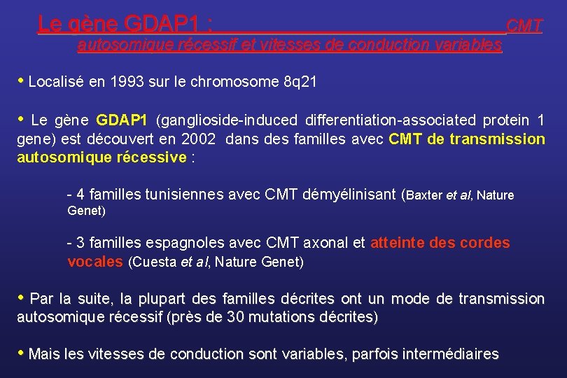 Le gène GDAP 1 : autosomique récessif et vitesses de conduction variables CMT •