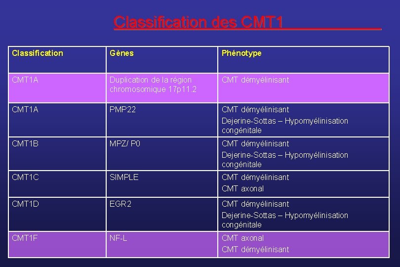 Classification des CMT 1 Classification Gènes Phénotype CMT 1 A Duplication de la région