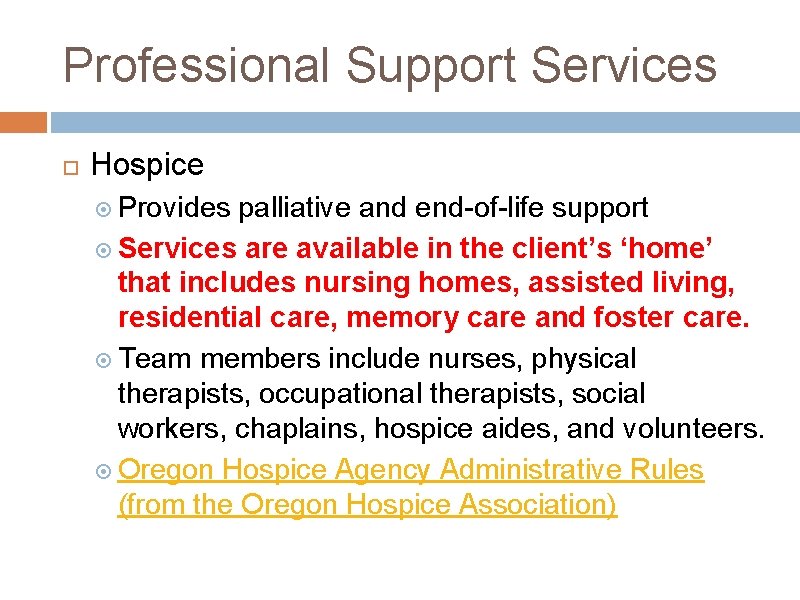 Professional Support Services Hospice Provides palliative and end-of-life support Services are available in the