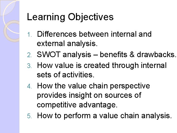 Learning Objectives 1. 2. 3. 4. 5. Differences between internal and external analysis. SWOT Learning Objectives 1. 2. 3. 4. 5. Differences between internal and external analysis. SWOT