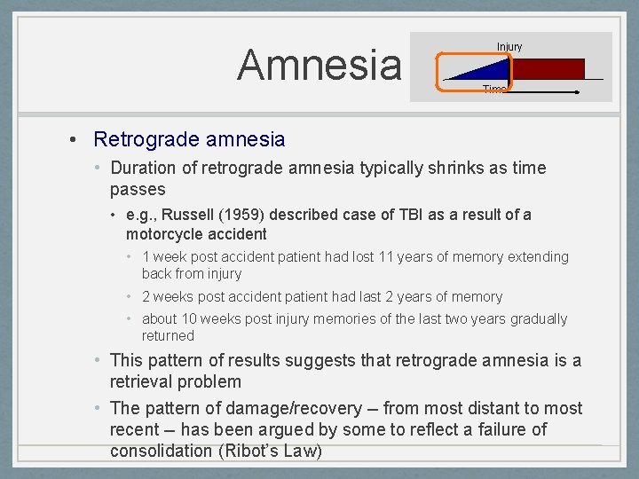 Amnesia Injury Time • Retrograde amnesia • Duration of retrograde amnesia typically shrinks as