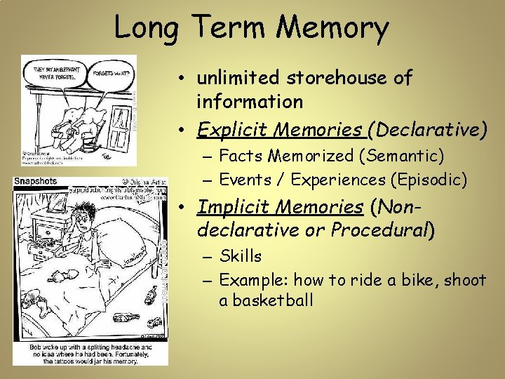 Long Term Memory • unlimited storehouse of information • Explicit Memories (Declarative) – Facts