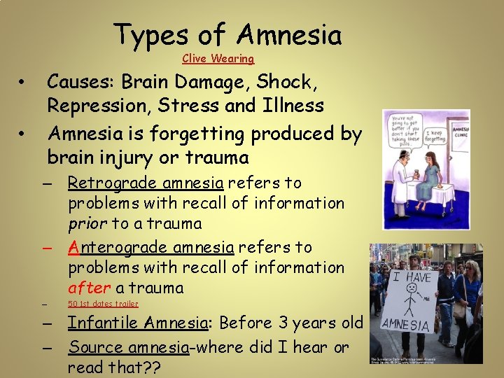 Types of Amnesia Clive Wearing • • Causes: Brain Damage, Shock, Repression, Stress and