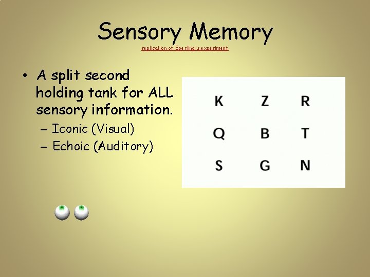 Sensory Memory replication of Sperling's experiment • A split second holding tank for ALL