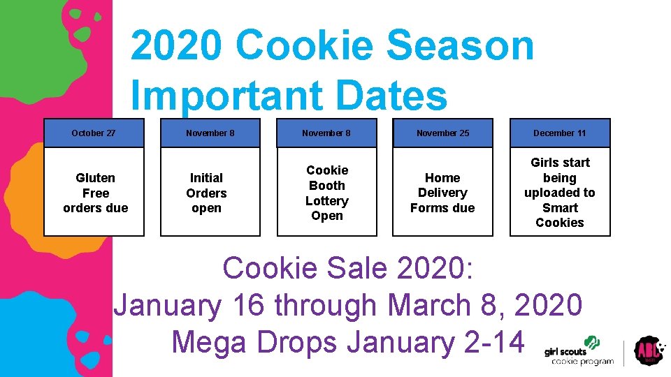 2020 Cookie Season Important Dates October 27 Gluten Free orders due November 8 Initial