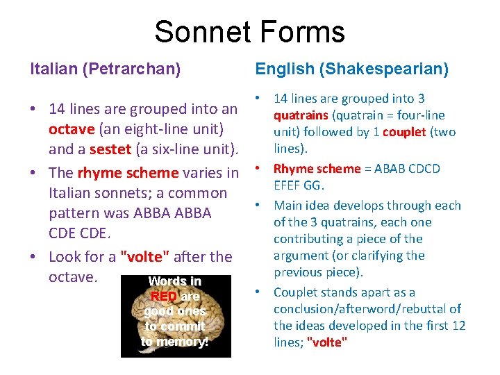 Sonnet Forms Italian (Petrarchan) • 14 lines are grouped into an octave (an eight-line