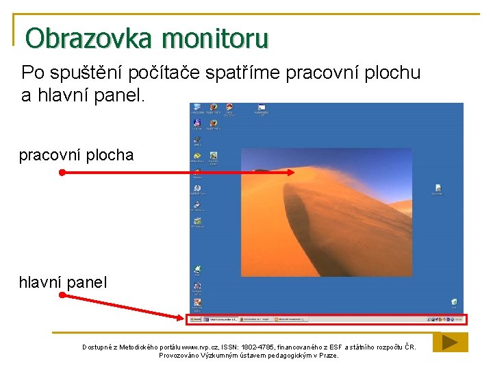 Obrazovka monitoru Po spuštění počítače spatříme pracovní plochu a hlavní panel. pracovní plocha hlavní