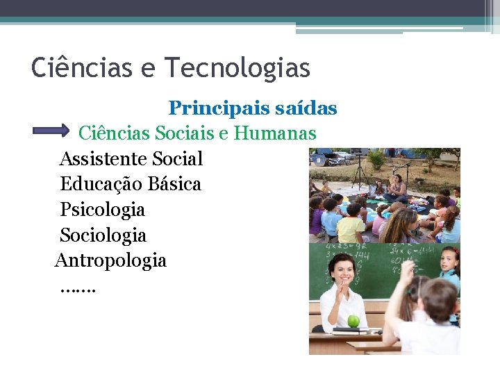Ciências e Tecnologias Principais saídas Ciências Sociais e Humanas Assistente Social Educação Básica Psicologia