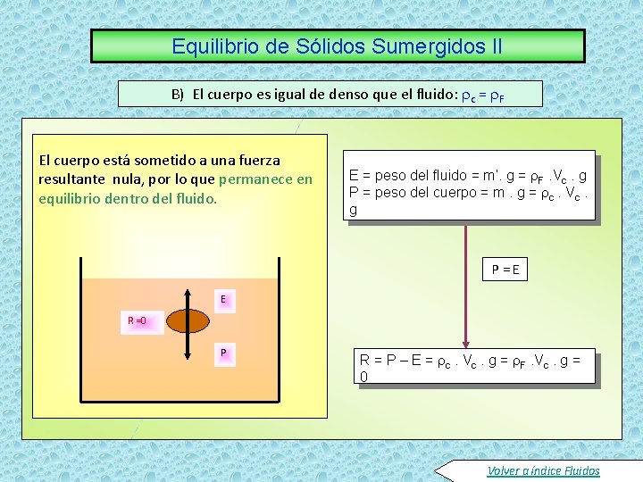 Equilibrio de Sólidos Sumergidos II B) El cuerpo es igual de denso que el